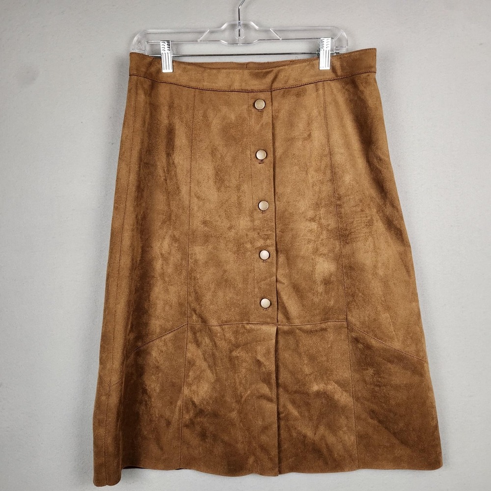 Ruby Rd Skirt Womens 12P Petite Brown Faux Suede Button Front A-Line Midi‎ Lined